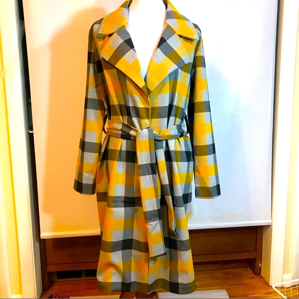 Rachel Zoe Yellow Gray Plaid Belted Trench Coat